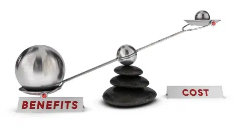 Classic weight balance with a heavier weight on the ground on the left side labeled benefits and a lighter weight on the right up in the air labeled cost.