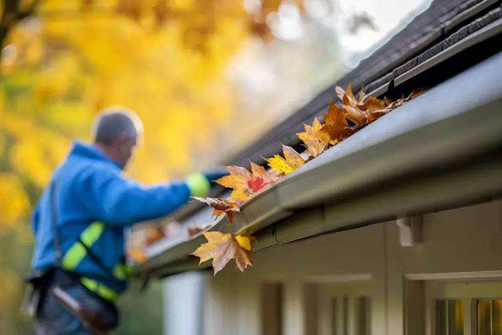 leaves filling gutter with man in background wearing safety gear cleaning the gutter