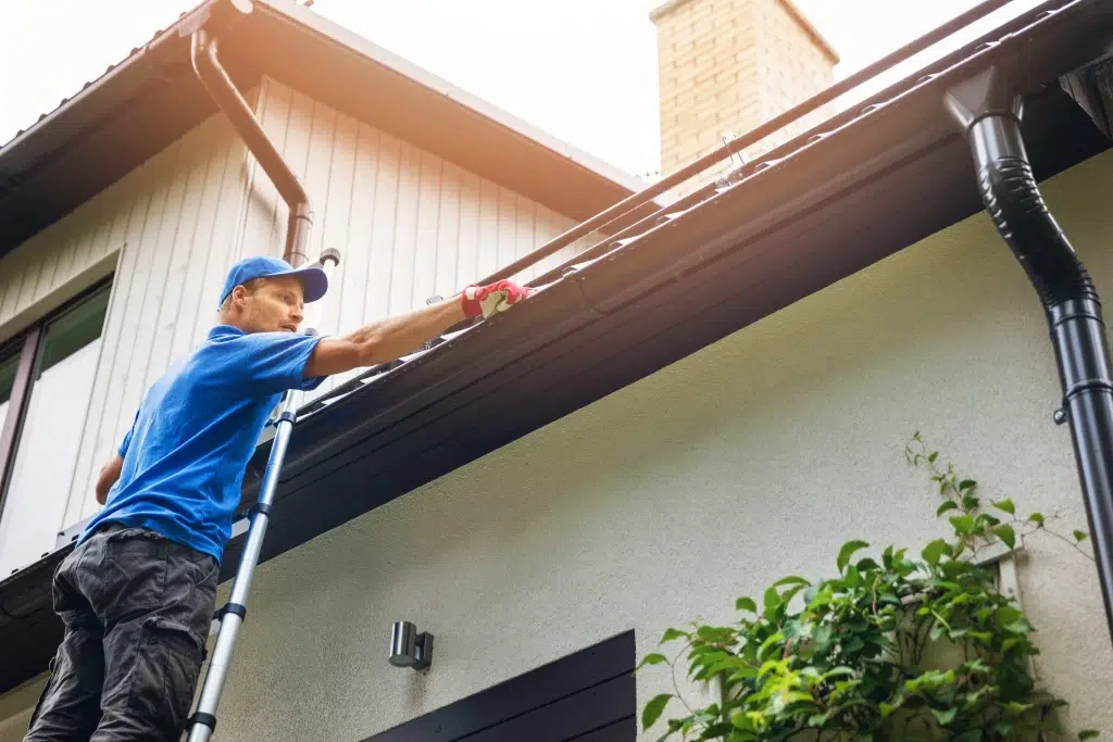 man in blue shirt and hat on ladder cleaning home gutter